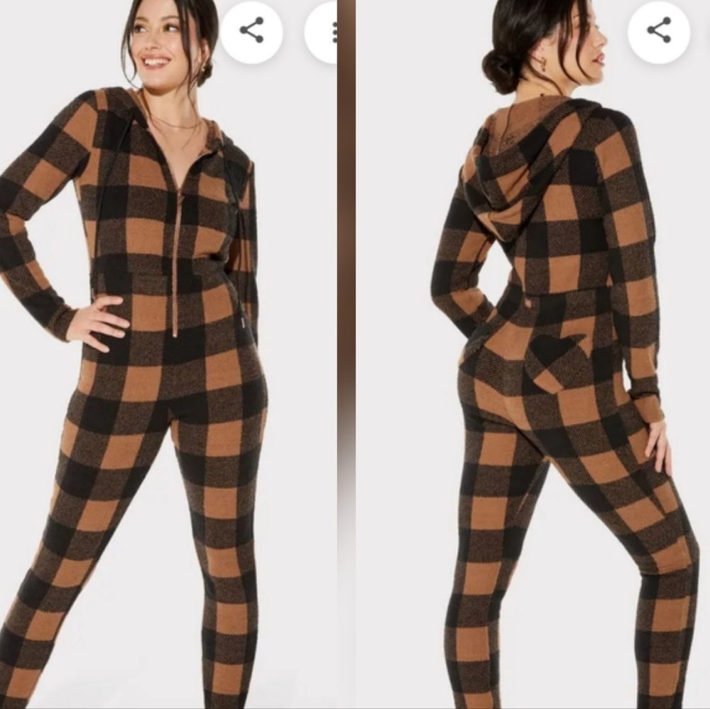 NWT Yitty Cozy Buffalo Plaid Hooded Jumpsuit - Black & Brown Onsie